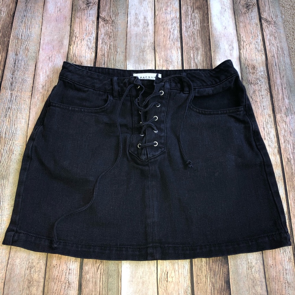 PACSUN Black Denim Lace-Up Skirt
